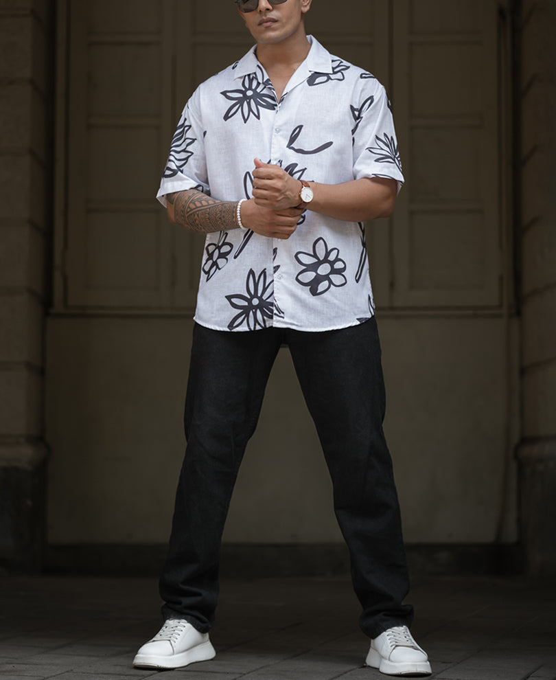 White And Black Floral Printed Oversized Half Sleeves Shirt