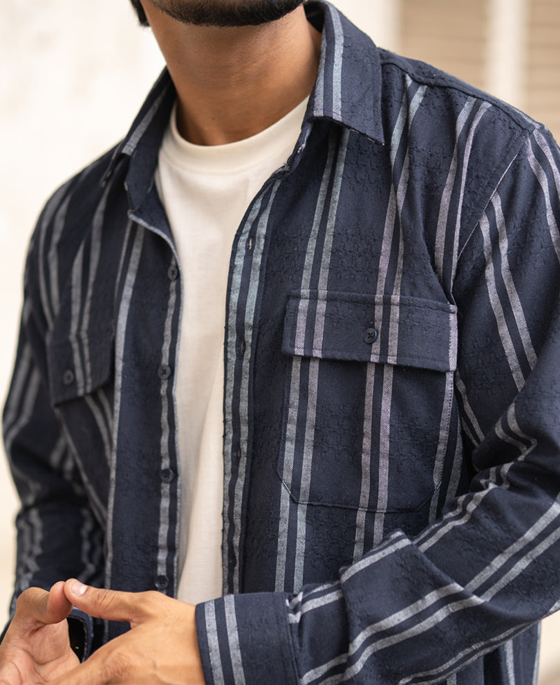 Navy Blue Striped Regular Fit Full Sleeves Shirt