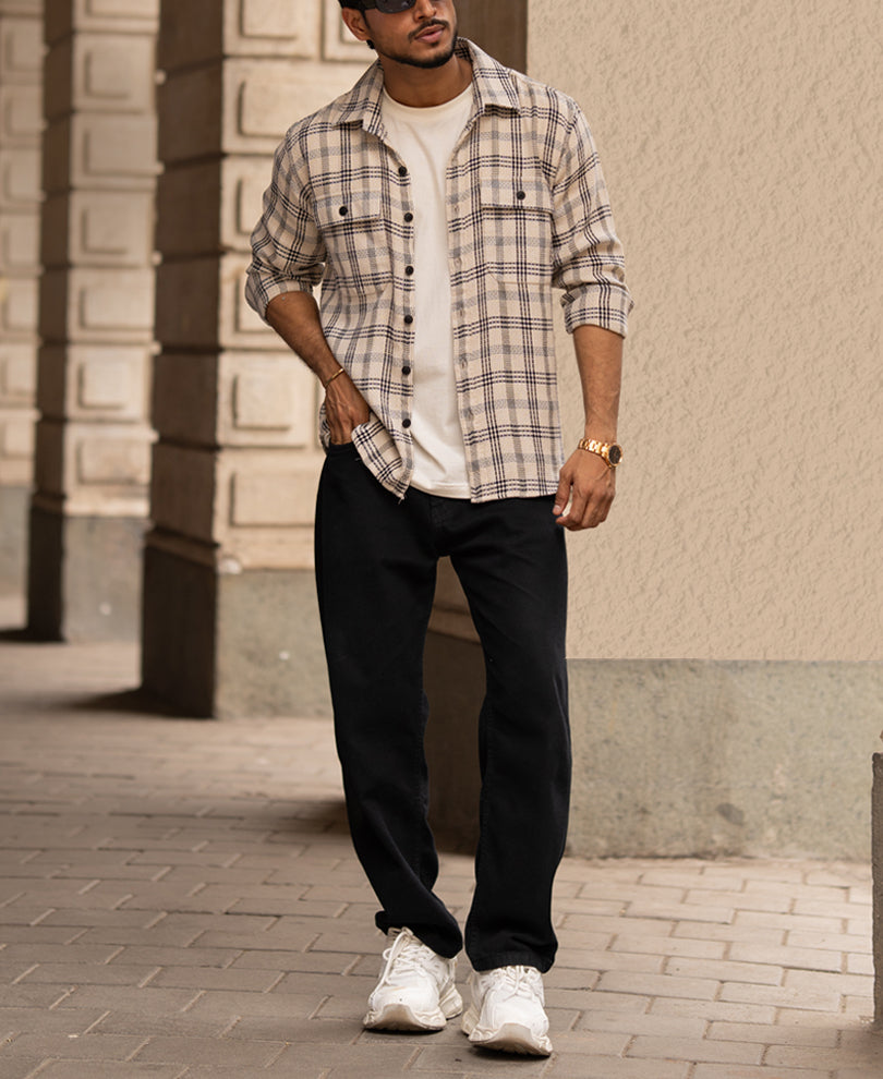 Off-White Checked Full Sleeves Regular Fit Shirt