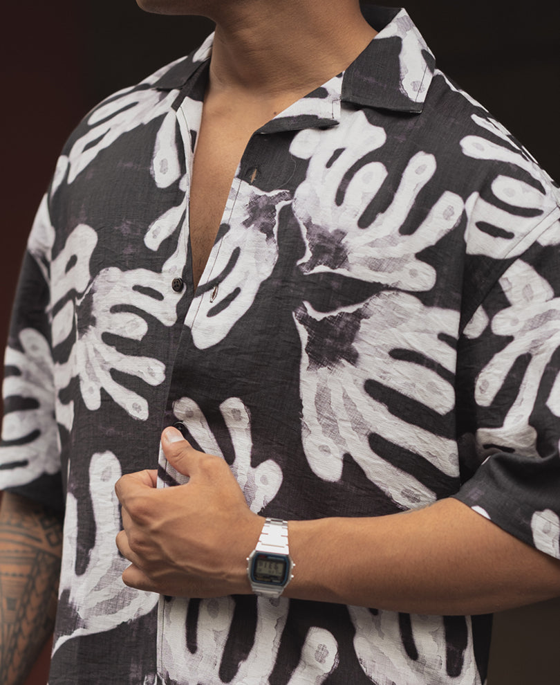 Black Abstract Print Oversized Half Sleeves Shirt