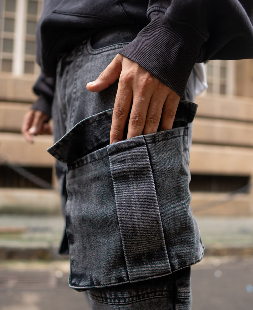 Carbon Black Baggy Fit Cargo Denim with pockets