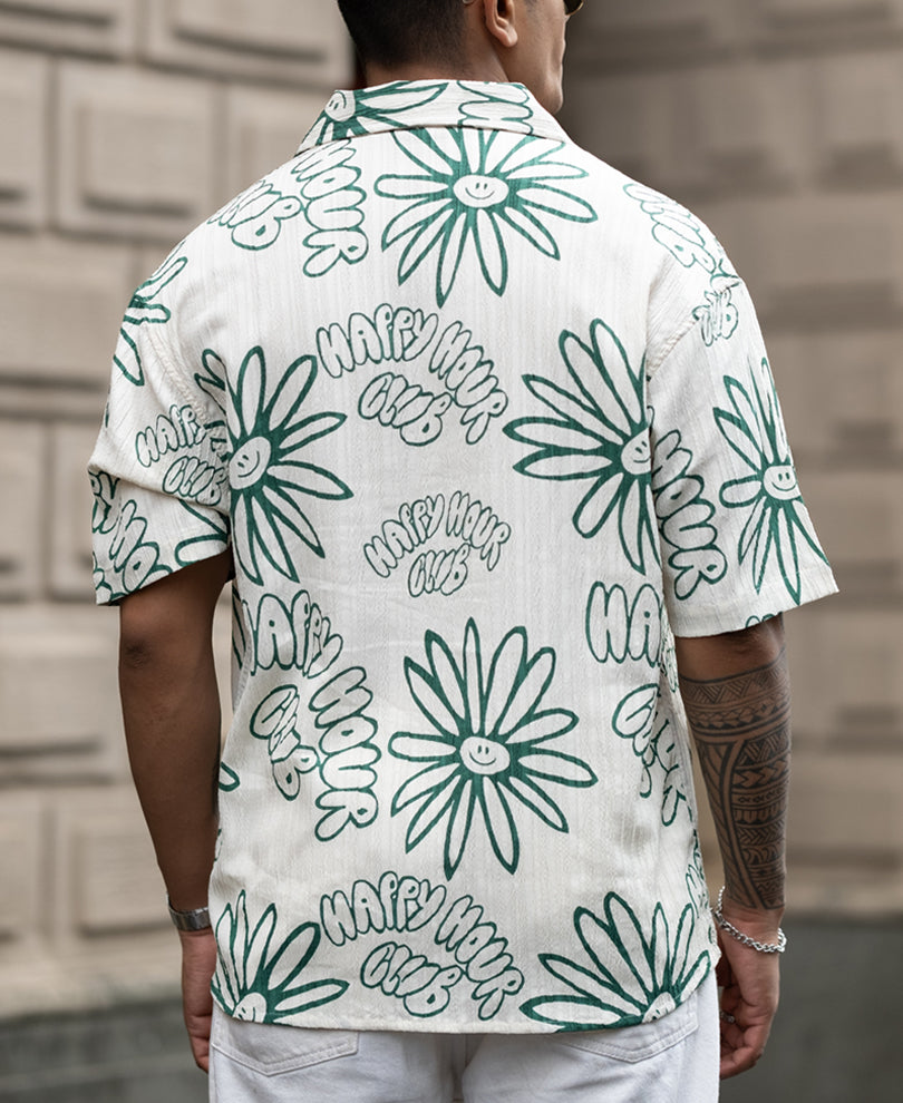 Green Printed Oversized Half Sleeve Cuban Collar Shirt
