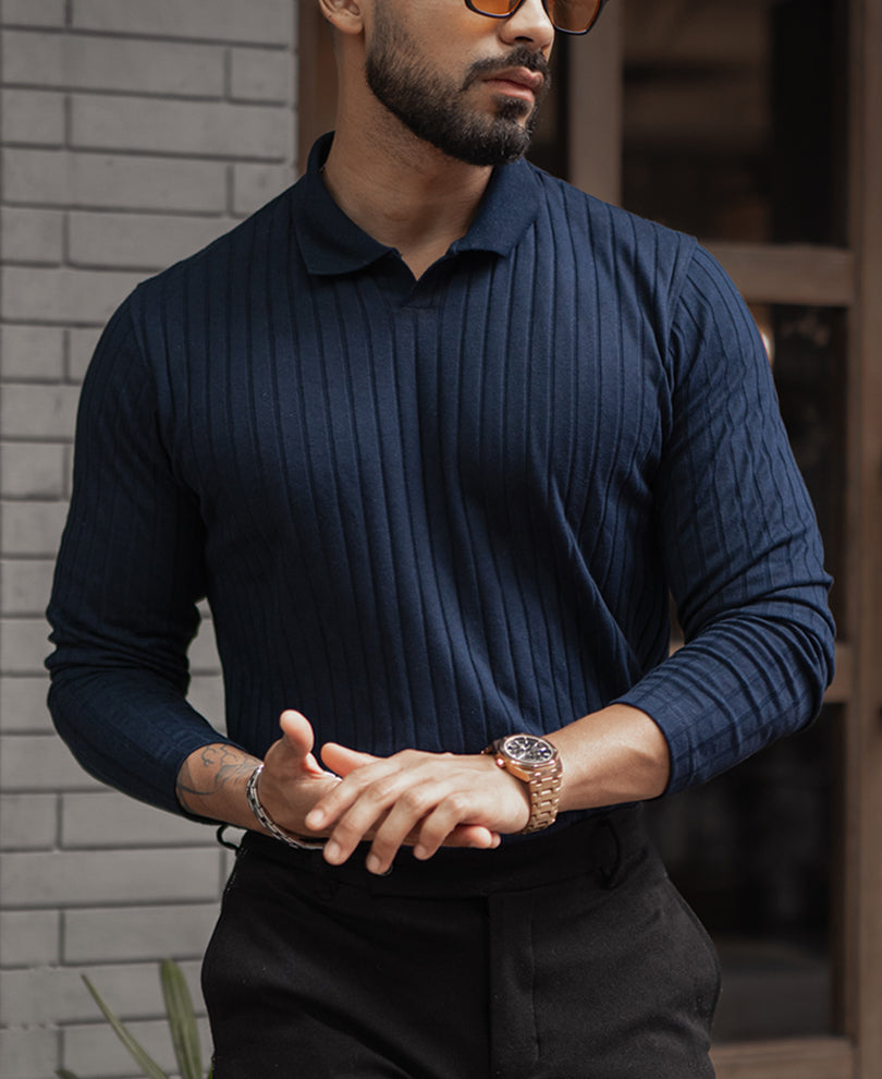 Navy Blue Regular Fit Full Sleeves T-Shirt