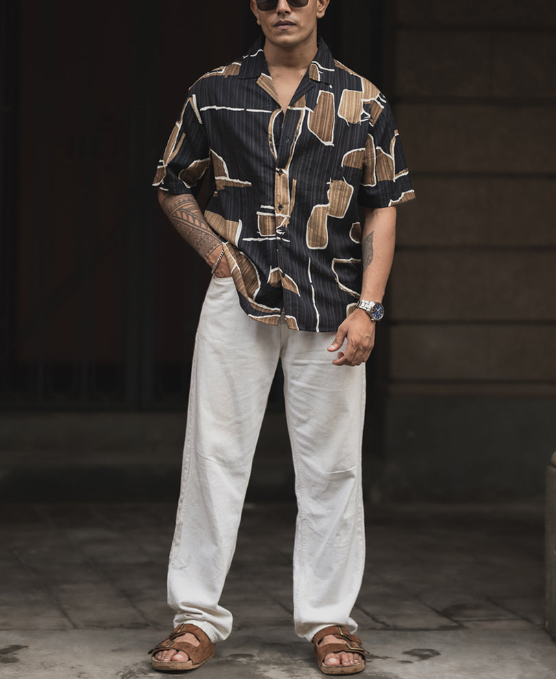 Black and Beige Printed Oversized Half Sleeve Cuban Collar Shirt