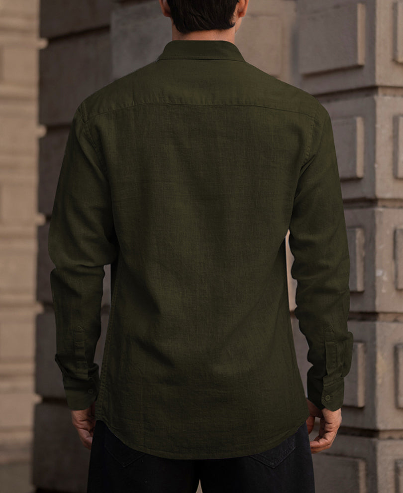 Olive Cotton Linen Regular Fit Full Sleeves Shirt