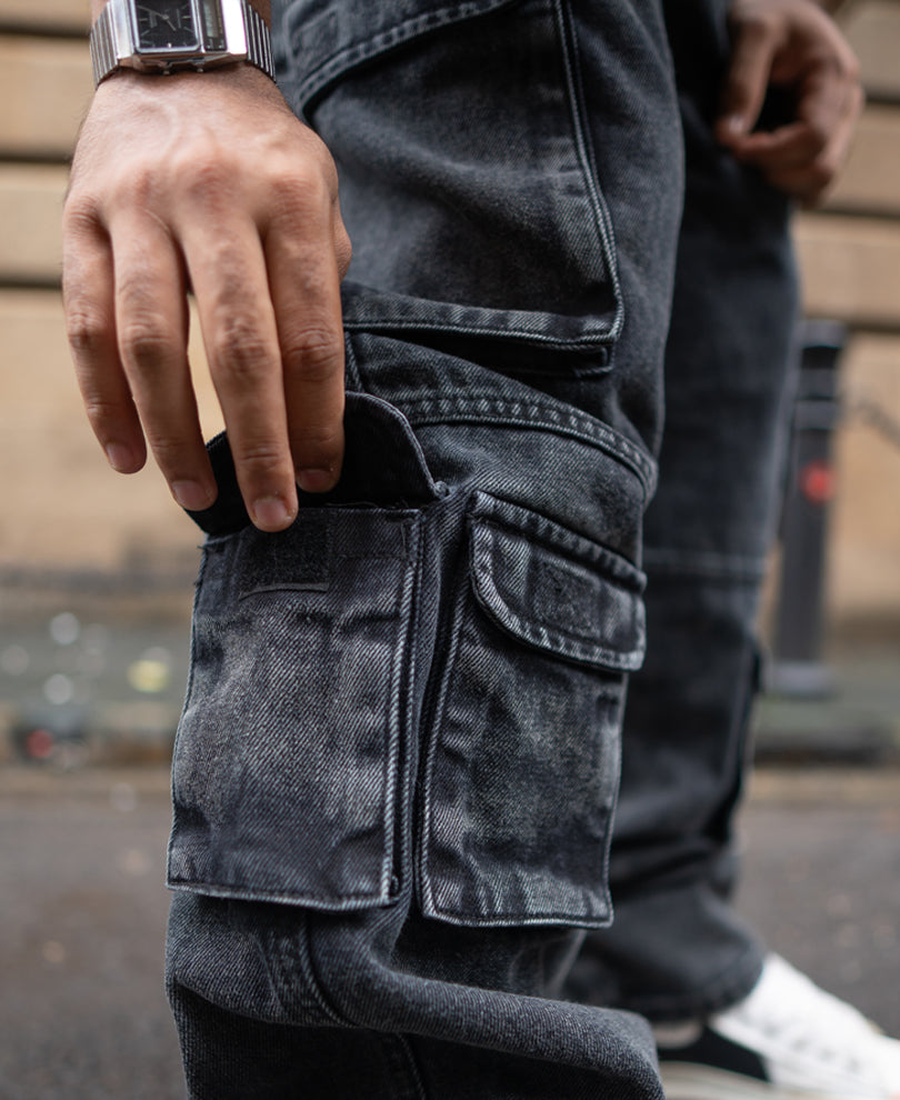 Charcoal Black Multi Pockets Baggy Fit Denim Jeans