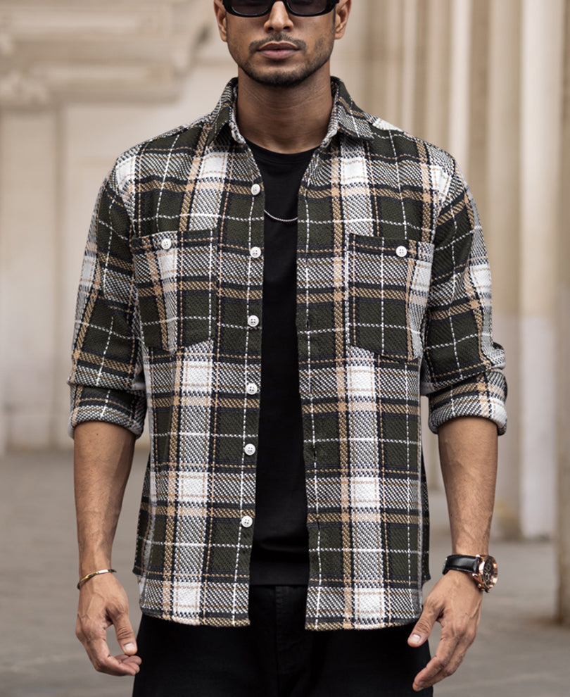 Olive Green Checked Regular Fit Full Sleeves Shirt