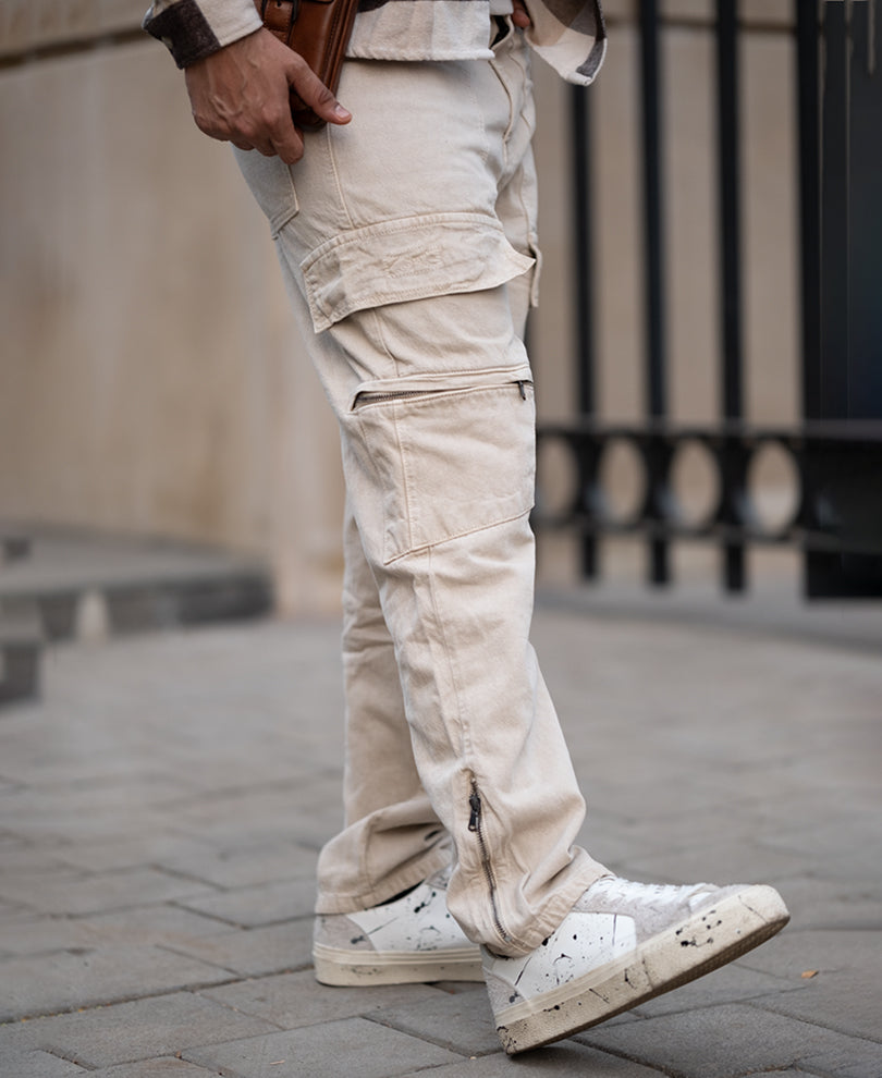 Beige Baggy Fit Denim Cargo with Pockets