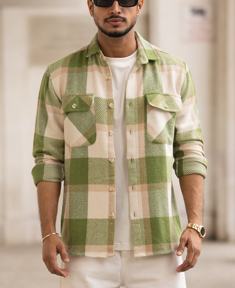 Green And Offwhite Checked Regular Fit Full Sleeves Shirt