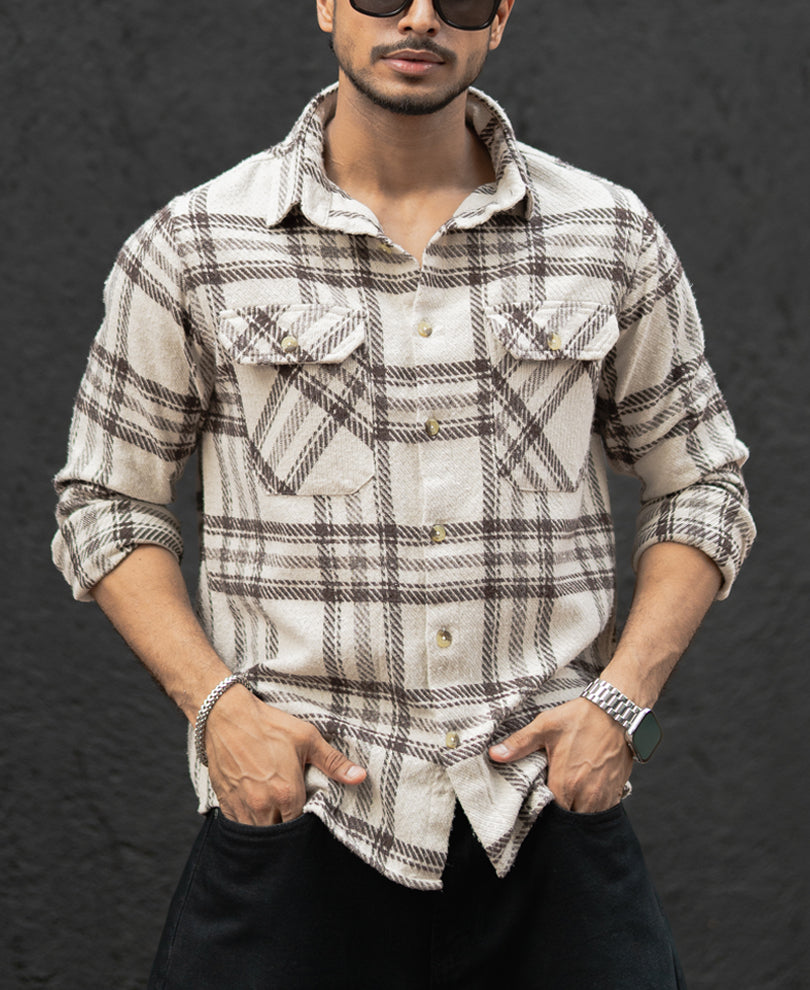 Off-White And Brown Regular Fit Full Sleeves Shirt