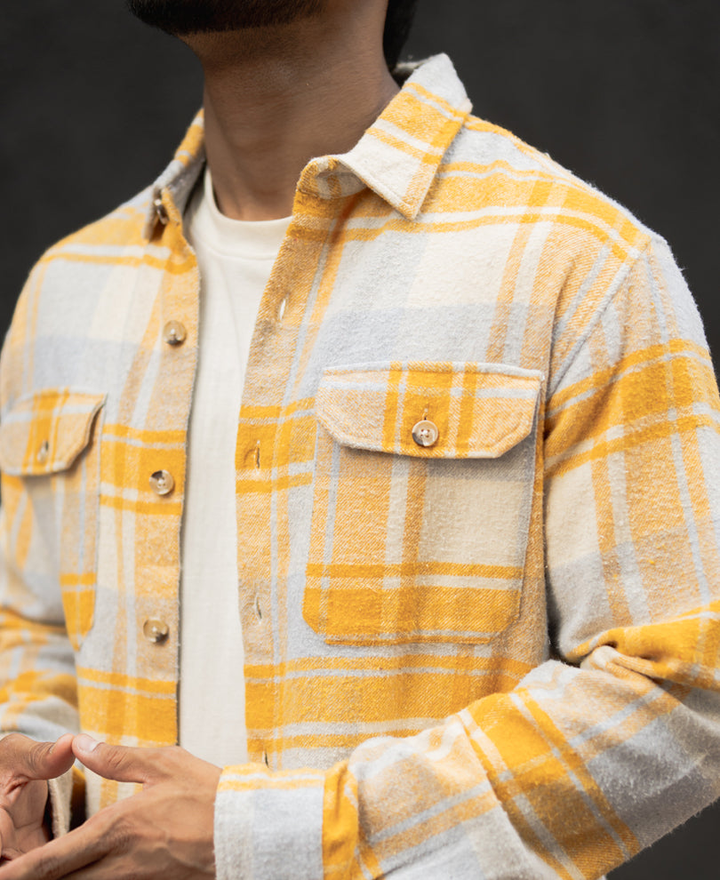 Mustard And Off-White Checks Regular Fit Full Sleeves Shirt