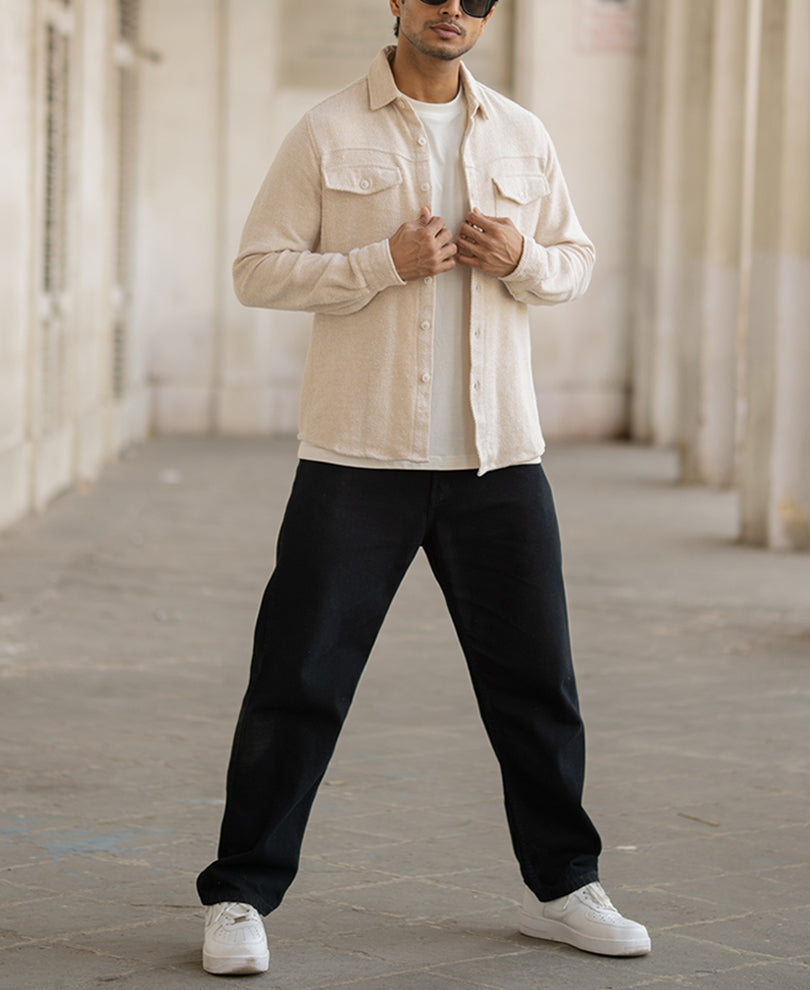 Beige Full Sleeves Structured Regular Fit Shirt