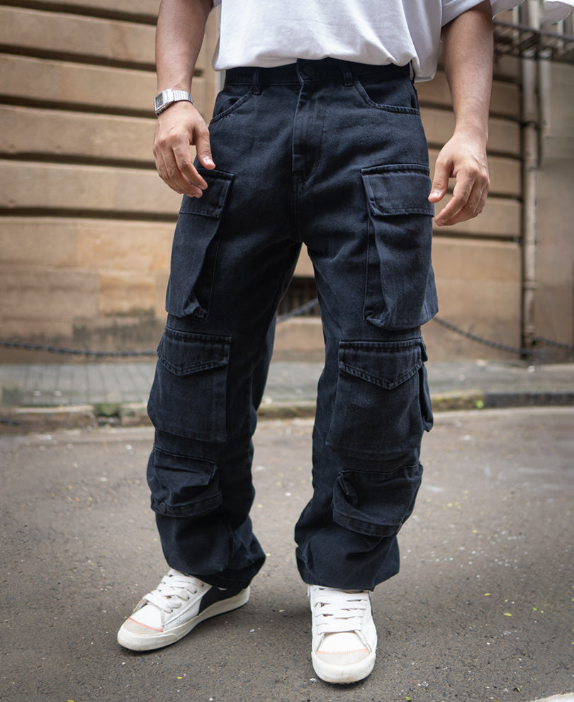 Black Multi Pockets Baggy Fit Denim Cargo Jeans
