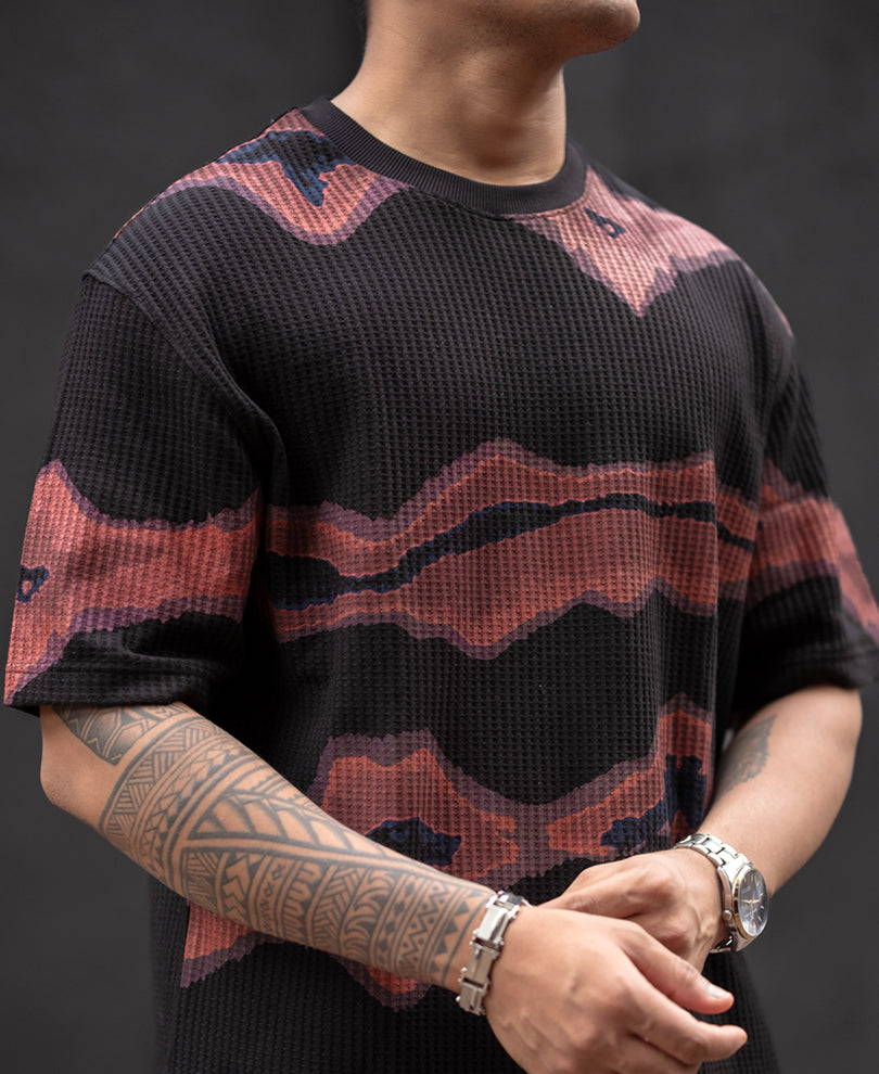 Black Waffle Oversized Half Sleeves T-Shirt