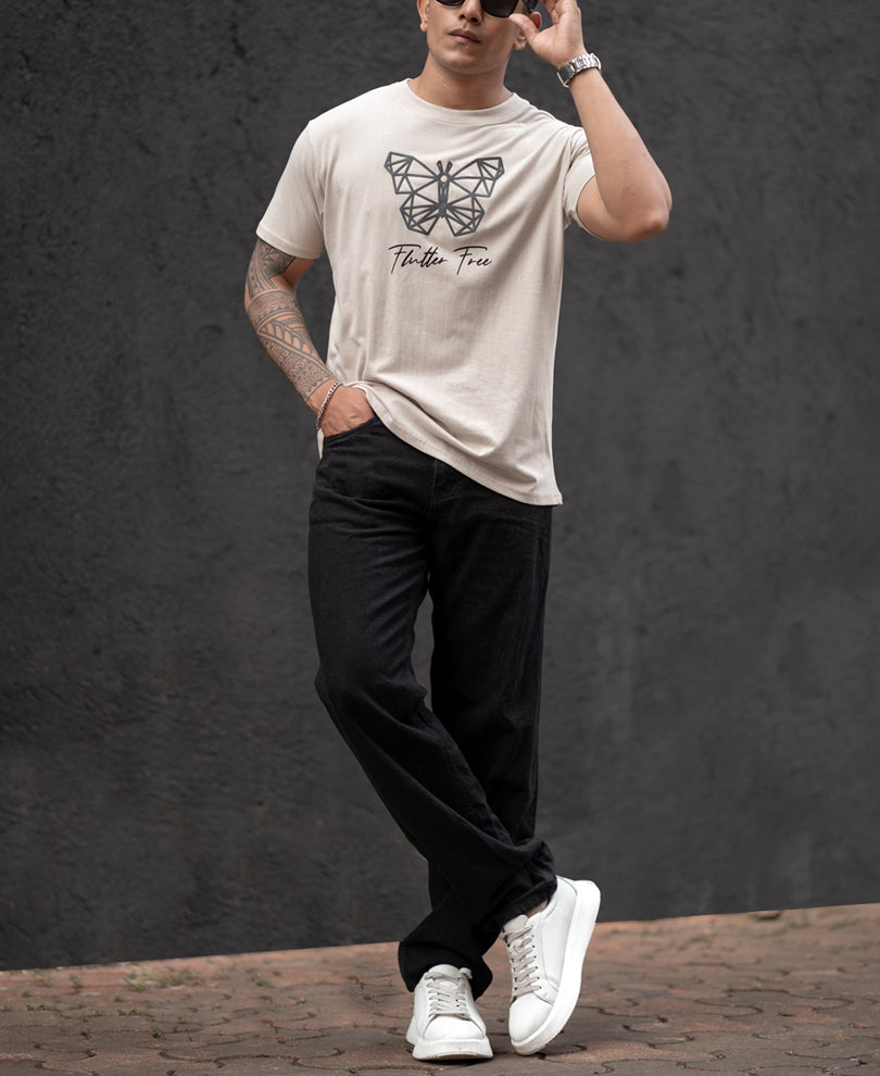 Oxford Tan Butterfly Print Regular Fit Half Sleeves T-Shirt