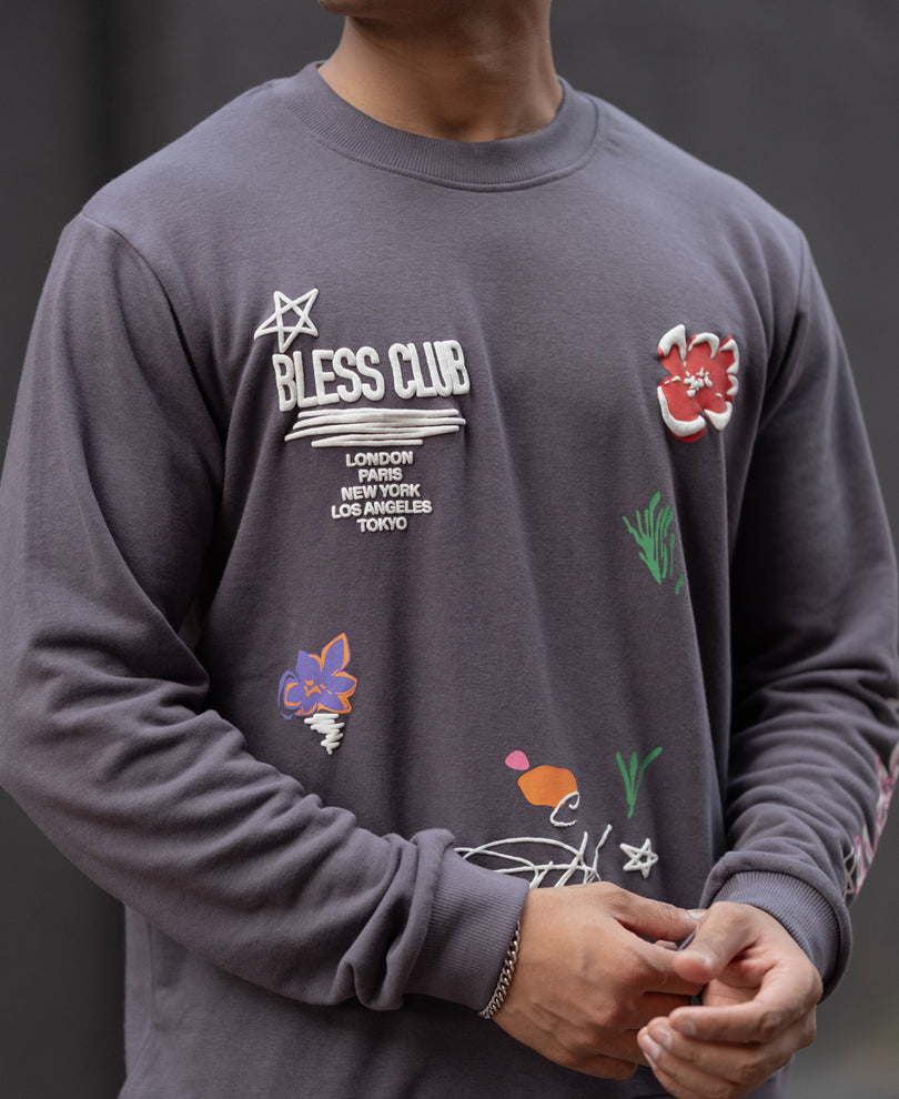 Grey Bless Club Print Oversized Full Sleeves T-Shirt