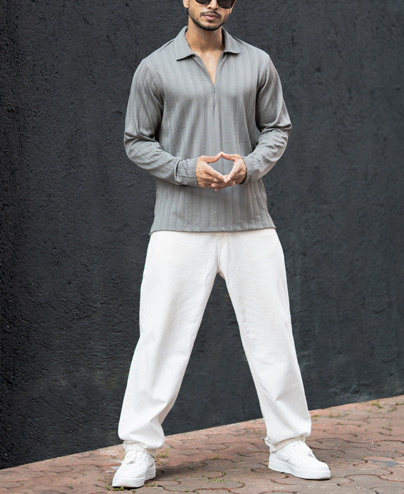 Grey Structured Regular Fit Full Sleeves T-Shirt