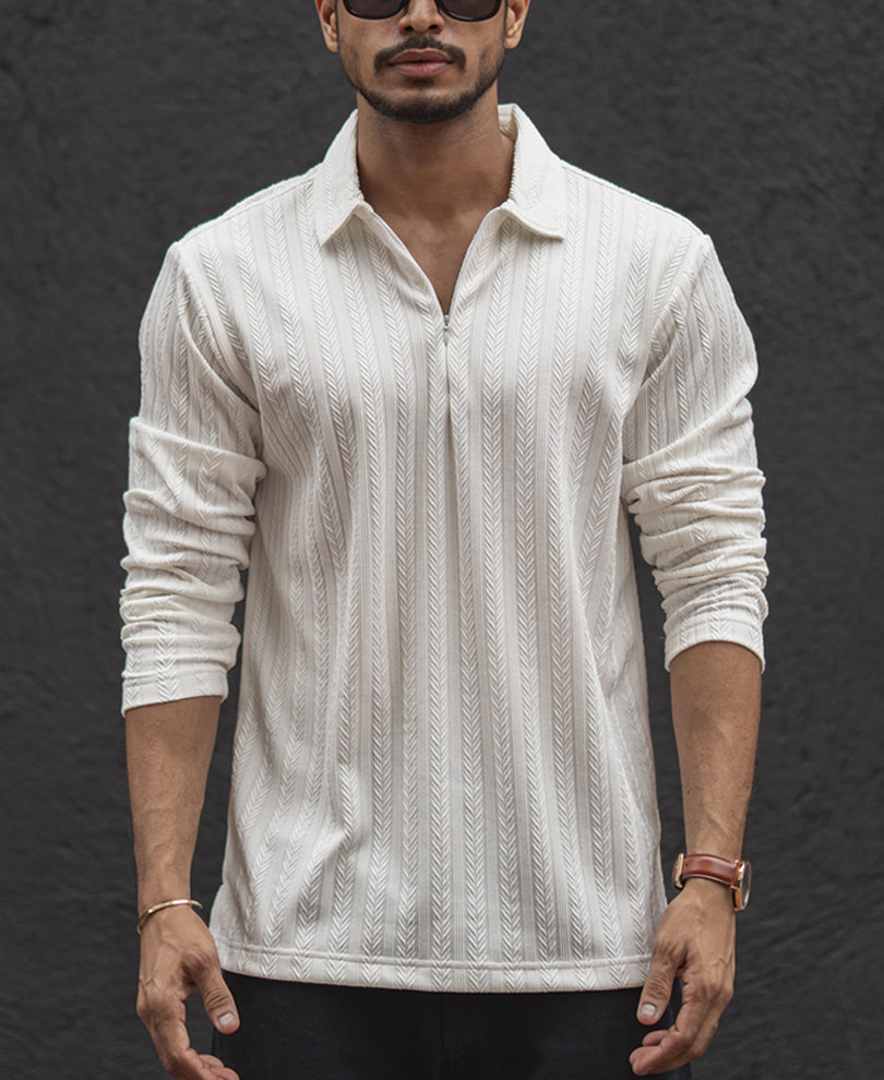 White Structured Regular Fit T-Shirt With Zip