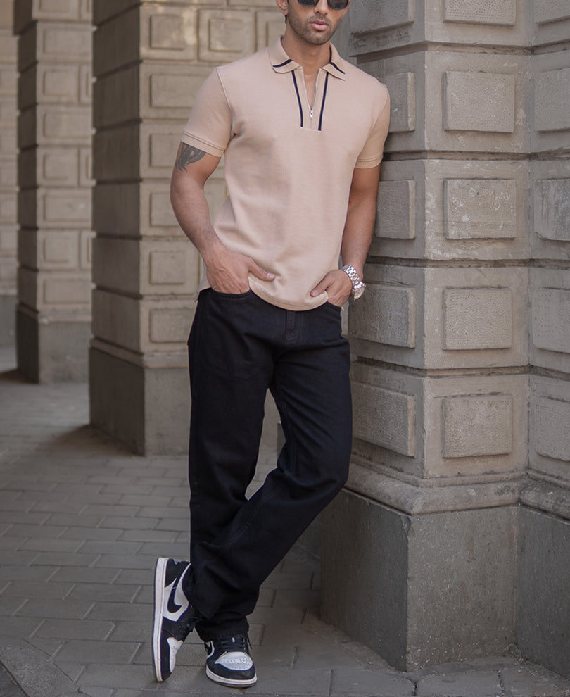 Beige Chunky Half Sleeves Regular Fit T-Shirt
