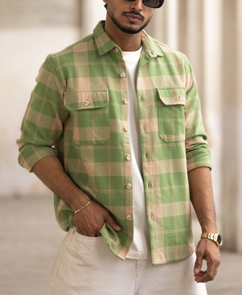 Green Checked Regular Fit Full Sleeves Shirt