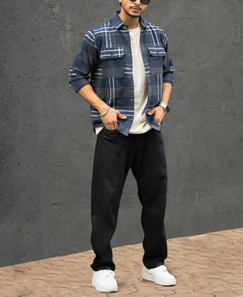 Navy Checked Regular Fit Full Sleeves Shirt With Double Pocket