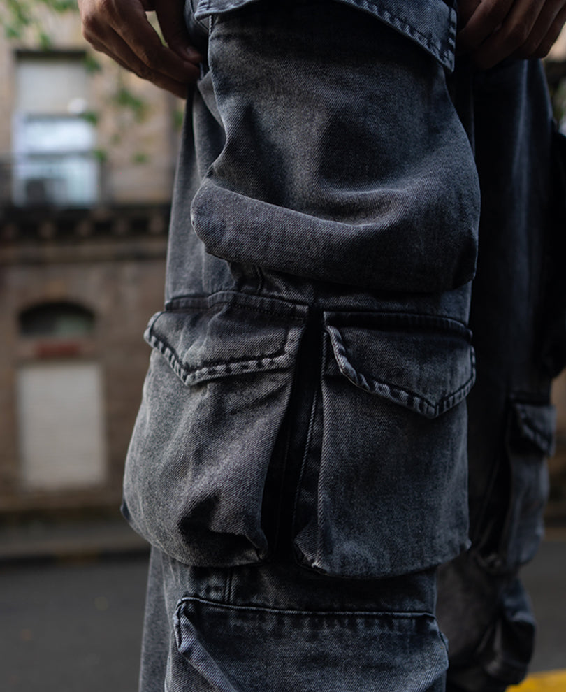 Carbon Black Baggy Fit Cargo Pockets Denim Jeans