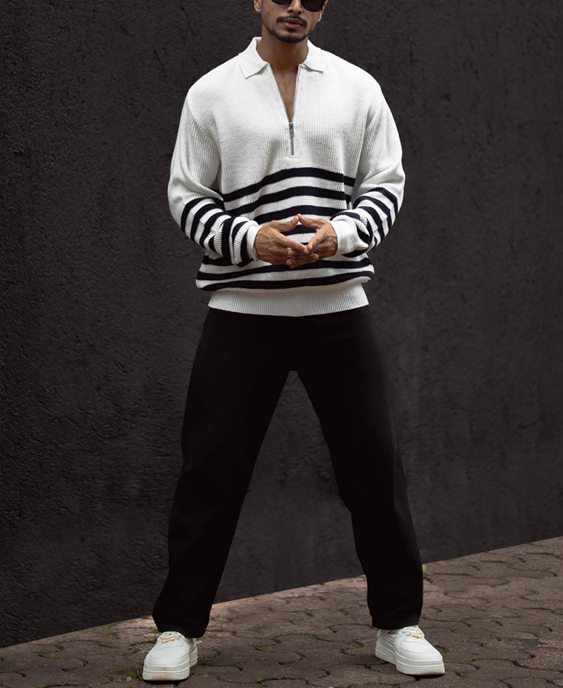 Off-White And Blue Regular Fit Full Sleeves Zip Sweatshirt