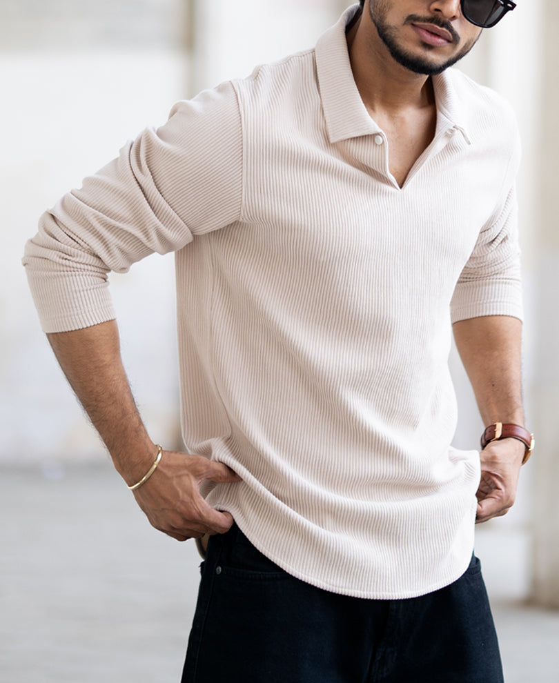 Beige Corduroy Regular Fit Full Sleeves Shirt