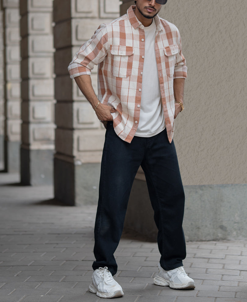 Off-White And Brown Checks Regular Fit Full Sleeves Shirt
