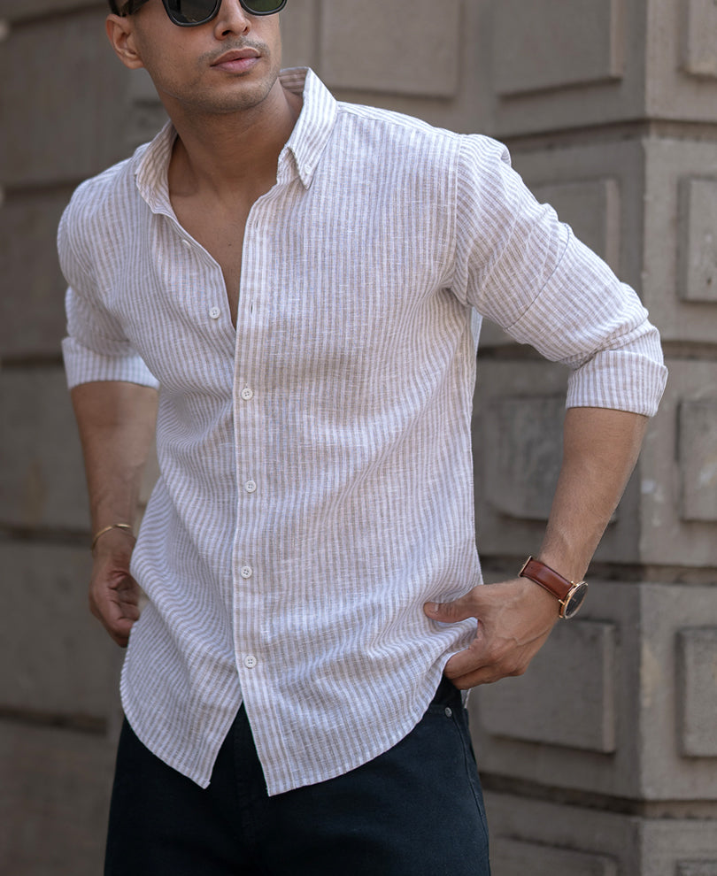 Beige Striped Regular Fit Full Sleeves Shirt