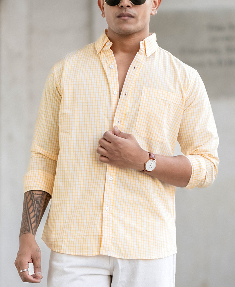 Yellow Small Checked Regular Fit Full Sleeves Shirt