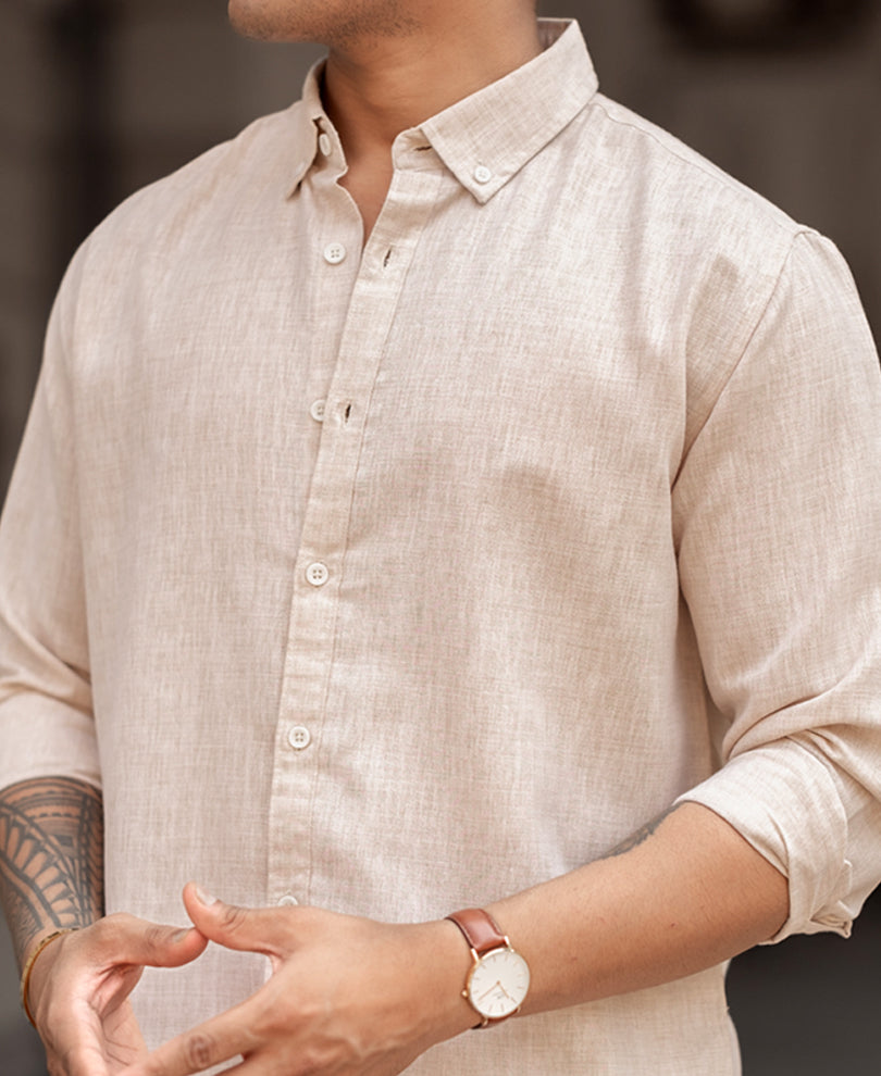 Beige Plain Full Sleeves Regular Fit Shirt