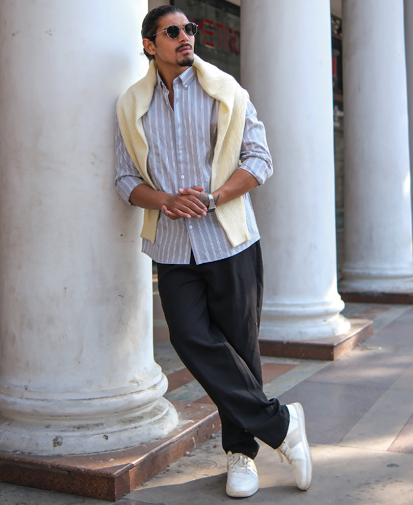 Light Grey Stripes Regular Fit Full Sleeves Shirt