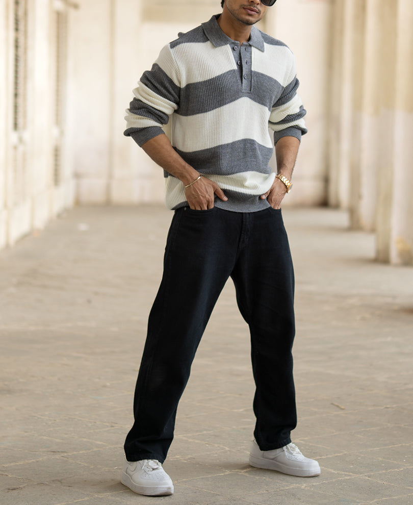 Grey Striped Regular Fit Full Sleeves Flat Knit T-Shirt