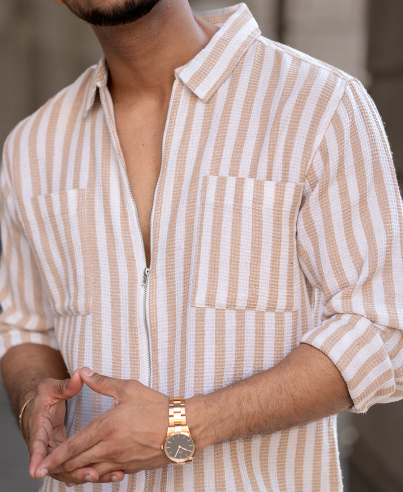 White And Beige Striped Regular Fit Full Sleeves Shirt