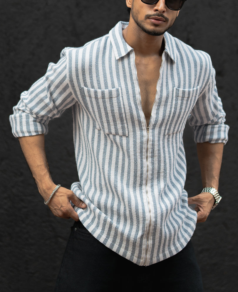 Blue And White Stripes Regular Fit Full Sleeves Shirt With Zip