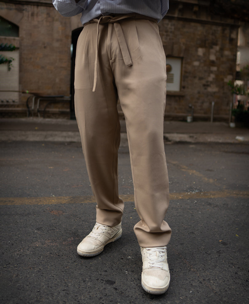 Beige Pleated Trousers With Belt