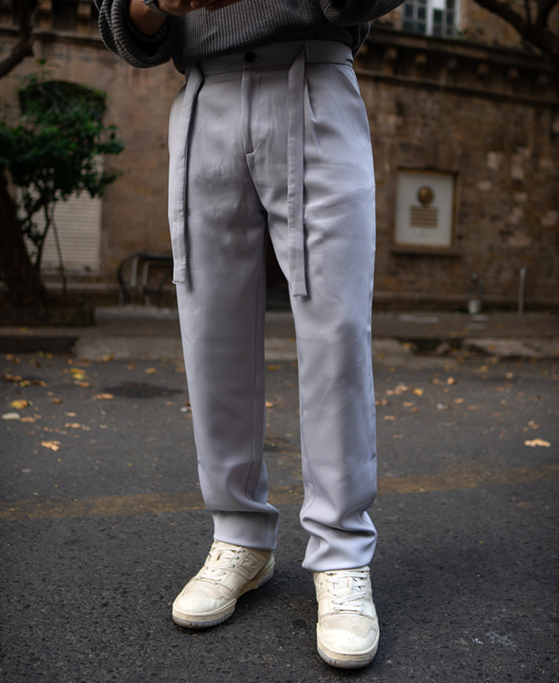 Grey Pleated Trousers With Belt