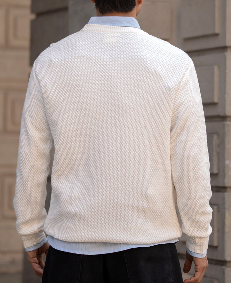 White Structured Full Sleeves Regular Fit T-Shirt