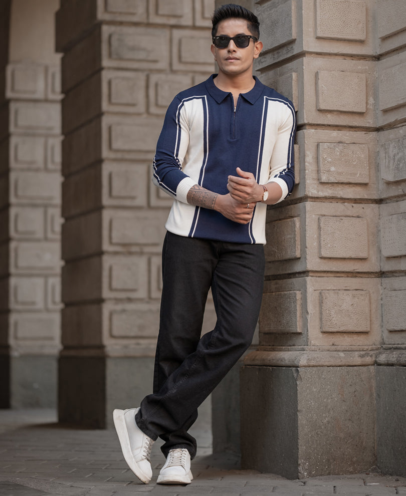 Navy-White Colour Blocked Polo T-Shirt