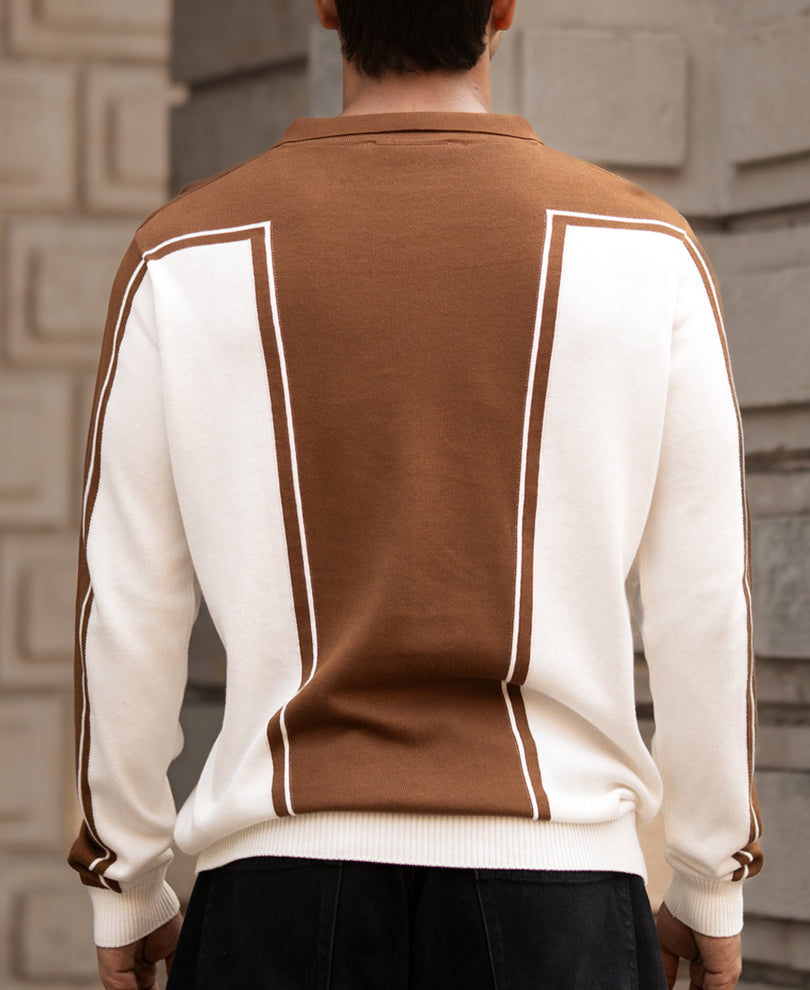 Brown-White Colour Blocked Polo T-Shirt