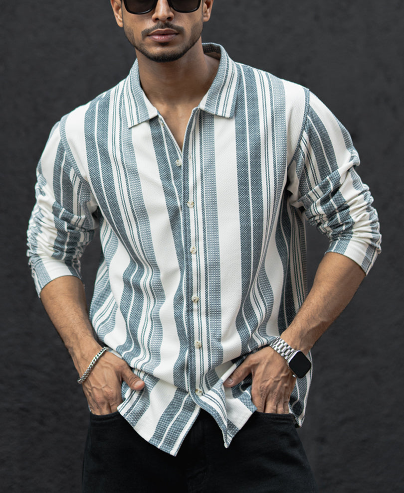 Off White And Blue Striped Regular Fit Full Sleeves Shirt