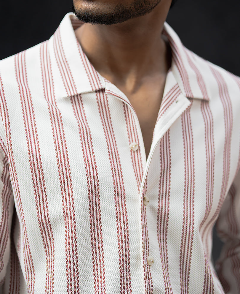 Off-White And Maroon Striped Regular Fit Full Sleeves Shirt
