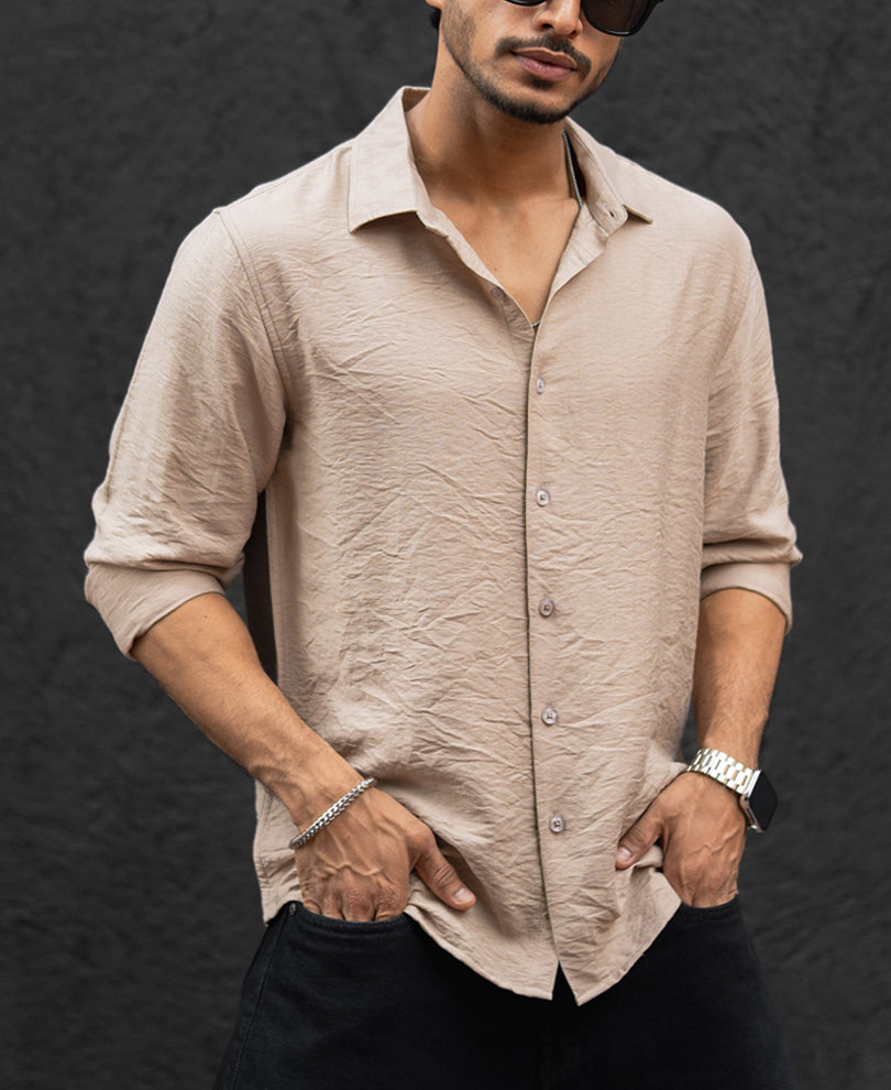 Beige Plain Regular Fit Full Sleeves Shirt