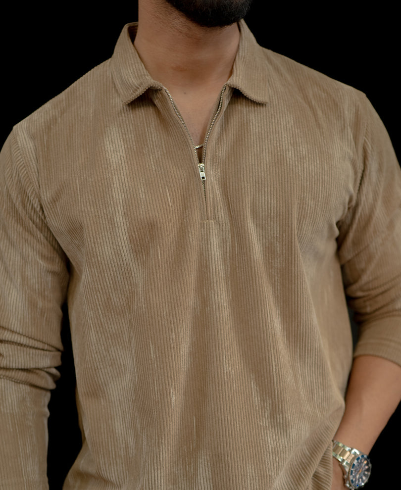 Beige Regular Fit With Zip Full Sleeves T-Shirt