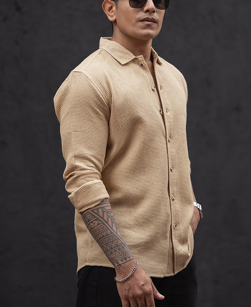 Beige Regular Fit Structured Full Sleeves Shirt