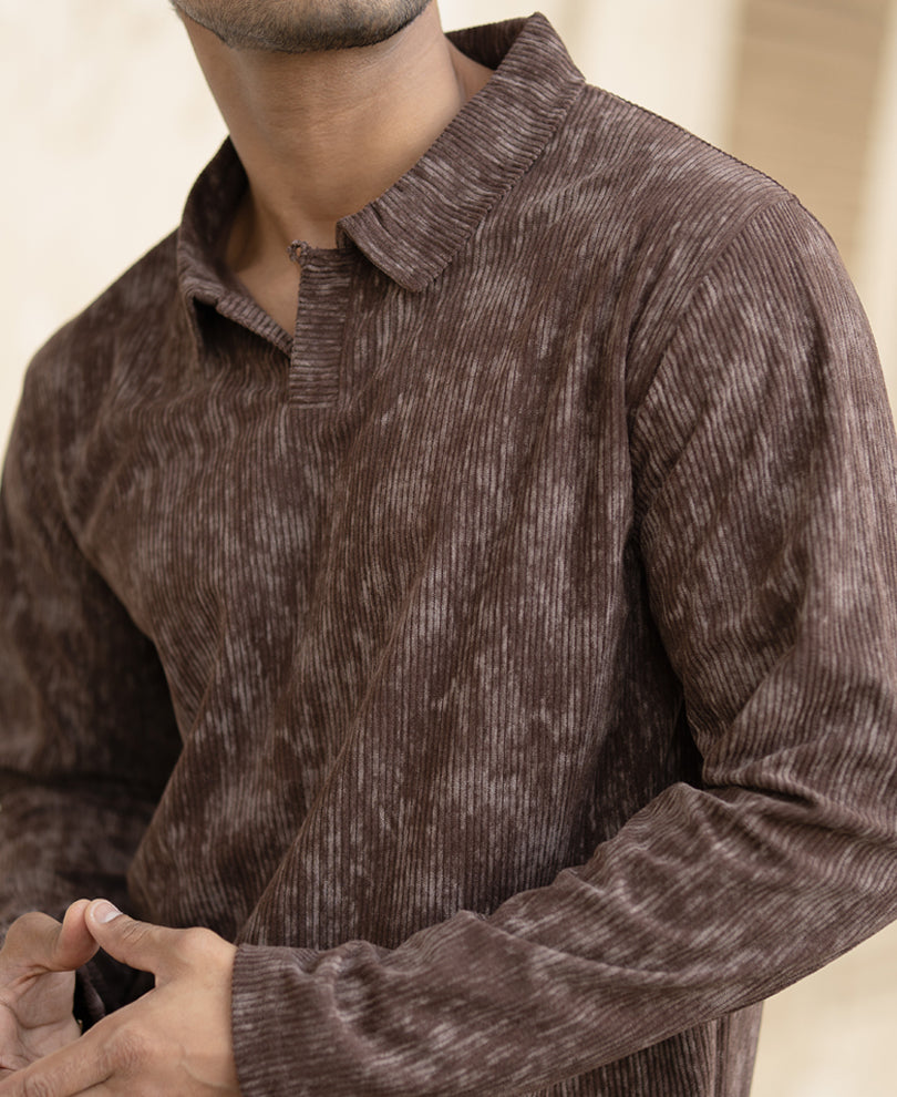 Brown Corduroy Full Sleeves Regular Fit T-Shirt