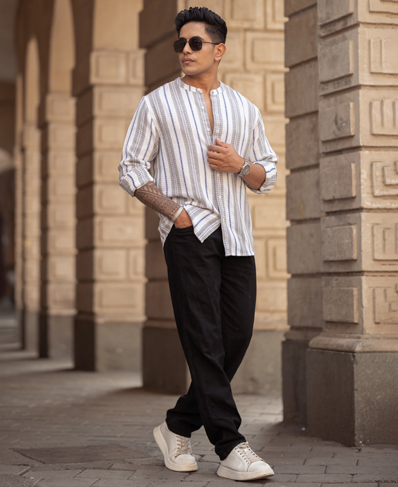 White And Grey Stripes Regular Fit Full Sleeves Shirt