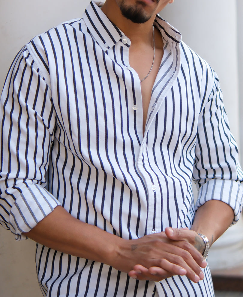 White And Black Stripes Regular Fit Full Sleeves Shirt
