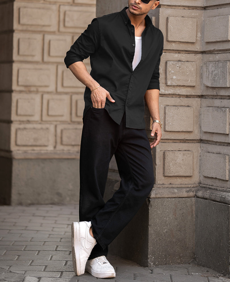 Basic Black Regular Fit Full Sleeves Shirt